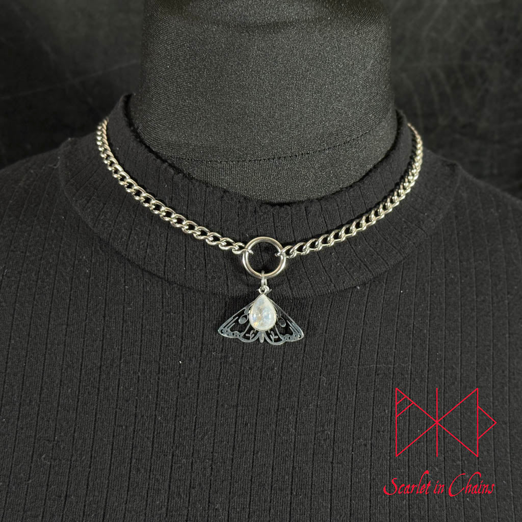 Stainless Steel Micro Crystal Moth collar - Rainbow Moonstone choker - O ring collar - subtle collar Shown Close up, transformation, goth jewellery, witchy jewellery
