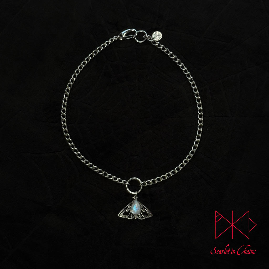 Stainless Steel Micro Crystal Moth collar - Labradorite choker - O ring collar - subtle collar Shown Close up, transformation, goth jewellery, witchy jewellery