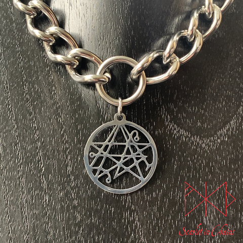 Stainless Steel Necronomicon Sigil charm necklace, day collar, Witch necklace, witchy necklace, Shown close