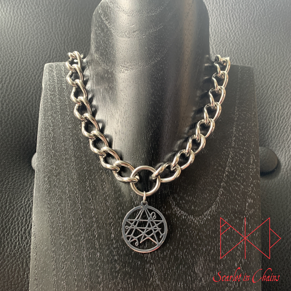 Stainless Steel Necronomicon Sigil charm necklace, day collar, Witch necklace, witchy necklace, Shown full