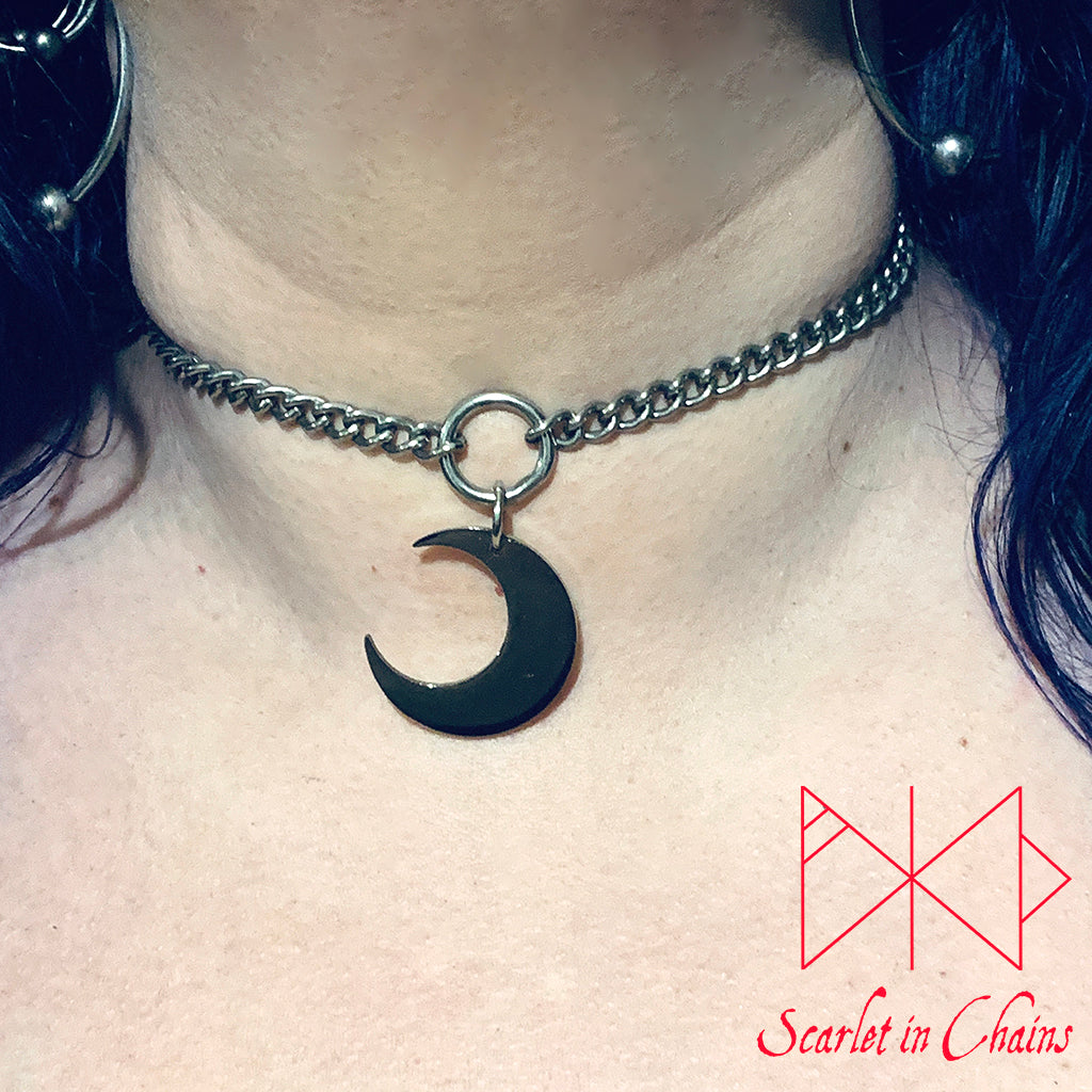 Stainless Steel Nyx Crescent Moon Choker Necklace shown warn