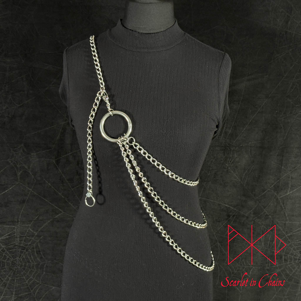 Odin body harness and belt, goth harness alternative harness stainless steel harness chain harness, goth jewellery, alternative jewellery, stainless steel jewellery, event jewellery, body chains, Goth Belt, Alternative Belt, Witch Belt, Stainless Steel Jewellery, Stainless Steel Belt, shown worn on mannequin  