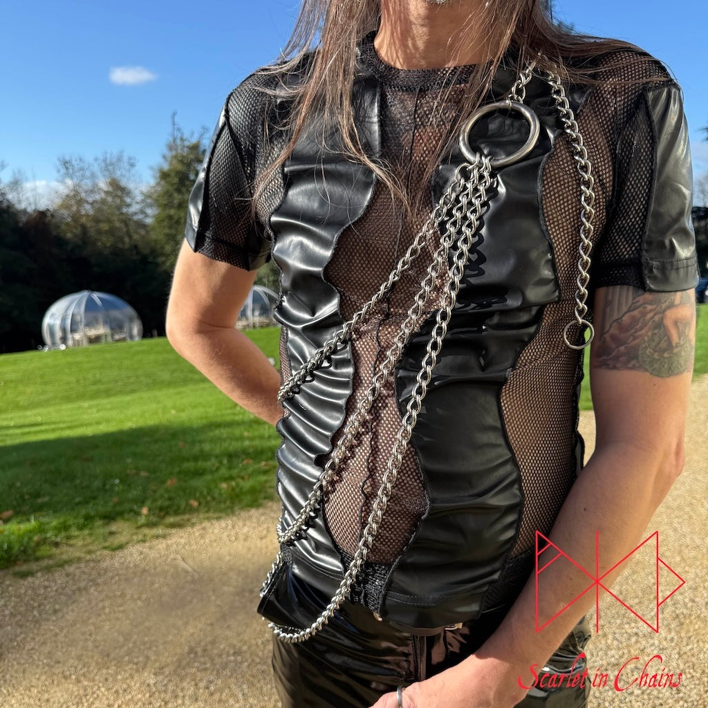 Odin body harness and belt, goth harness alternative harness stainless steel harness chain harness, goth jewellery, alternative jewellery, stainless steel jewellery, event jewellery, body chains, Goth Belt, Alternative Belt, Witch Belt, Stainless Steel Jewellery, Stainless Steel Belt, shown worn on male