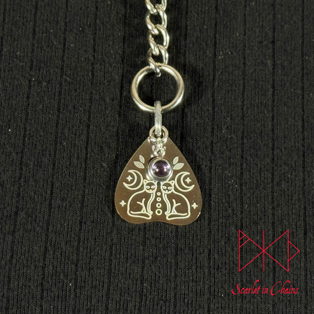 Stainless Steel Crystal Spirit Familliar necklace, Planchette necklace - Amethyst necklace - O ring collar - subtle collar Shown Close up, goth choker, alternative collar, stainless steel jewellery, goth jewellery, event jewellery. Goth Necklace, Stainless Steel Necklace, Event Necklace, witch jewellery, witch necklace, witchy necklace, witchy jewellery, occult jewellery