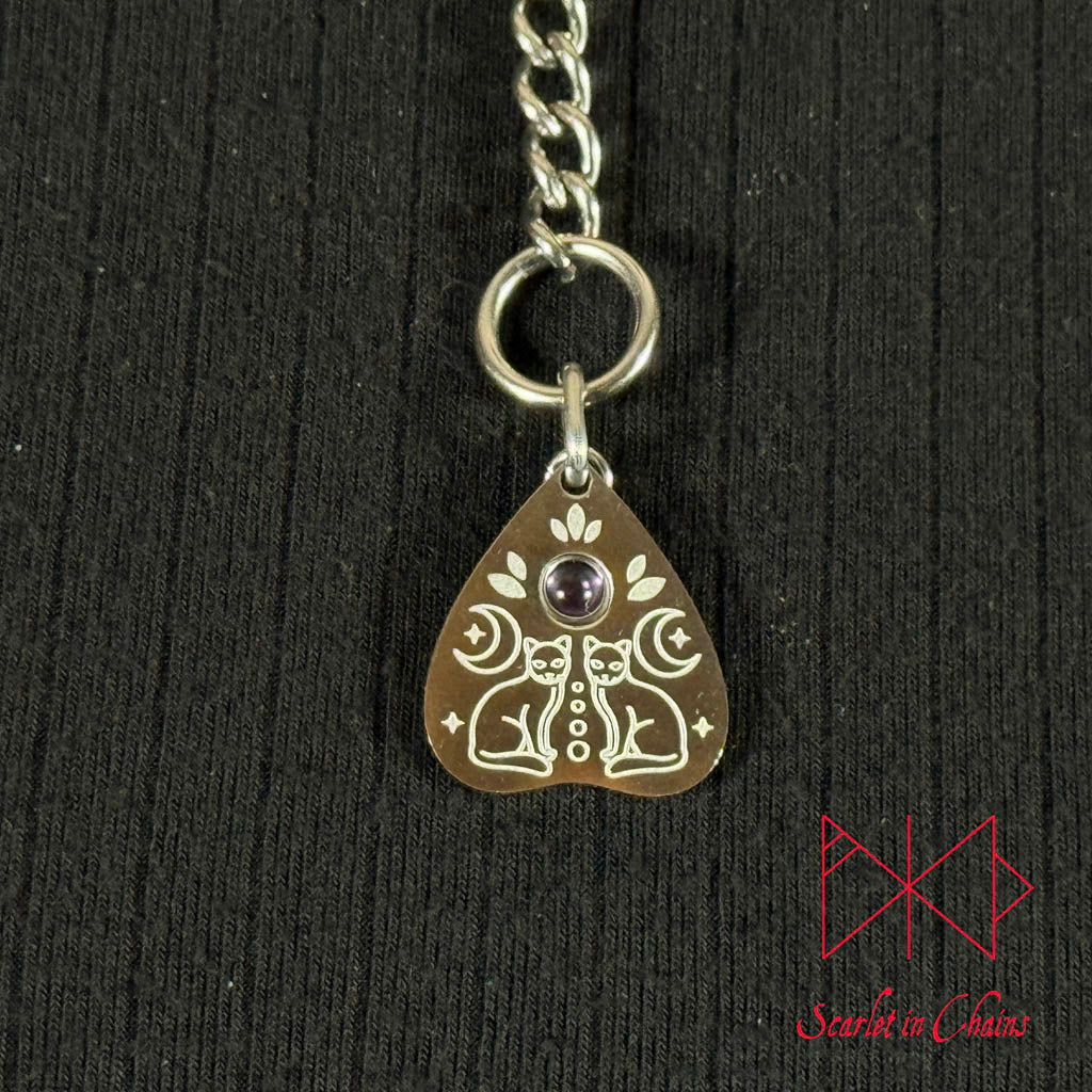 Stainless Steel Crystal Spirit Familliar necklace, Planchette necklace - Amethyst necklace - O ring collar - subtle collar Shown Close up, goth choker, alternative collar, stainless steel jewellery, goth jewellery, event jewellery. Goth Necklace, Stainless Steel Necklace, Event Necklace, witch jewellery, witch necklace, witchy necklace, witchy jewellery, occult jewellery