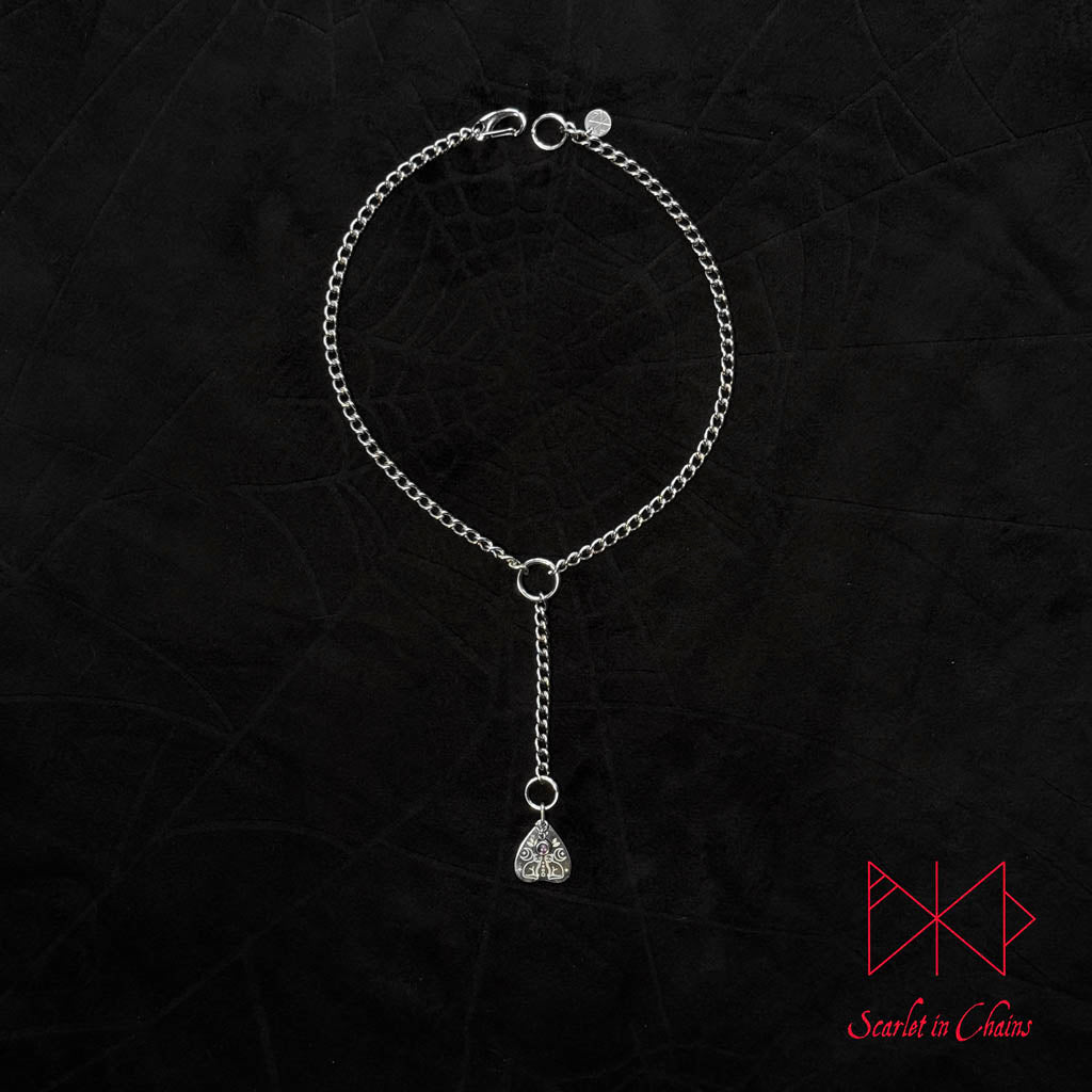 Stainless Steel Crystal Spirit Familliar necklace, Planchette necklace - Amethyst necklace - O ring collar - subtle collar Shown Close up, goth choker, alternative collar, stainless steel jewellery, goth jewellery, event jewellery. Goth Necklace, Stainless Steel Necklace, Event Necklace, witch jewellery, witch necklace, witchy necklace, witchy jewellery, occult jewellery