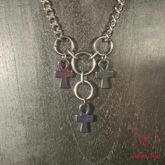 Stainless Steel Rainbow Hematite Ankh Necklace - Hematite necklace, Ankh necklace - O ring collar - subtle day collar - Goth,  shown close