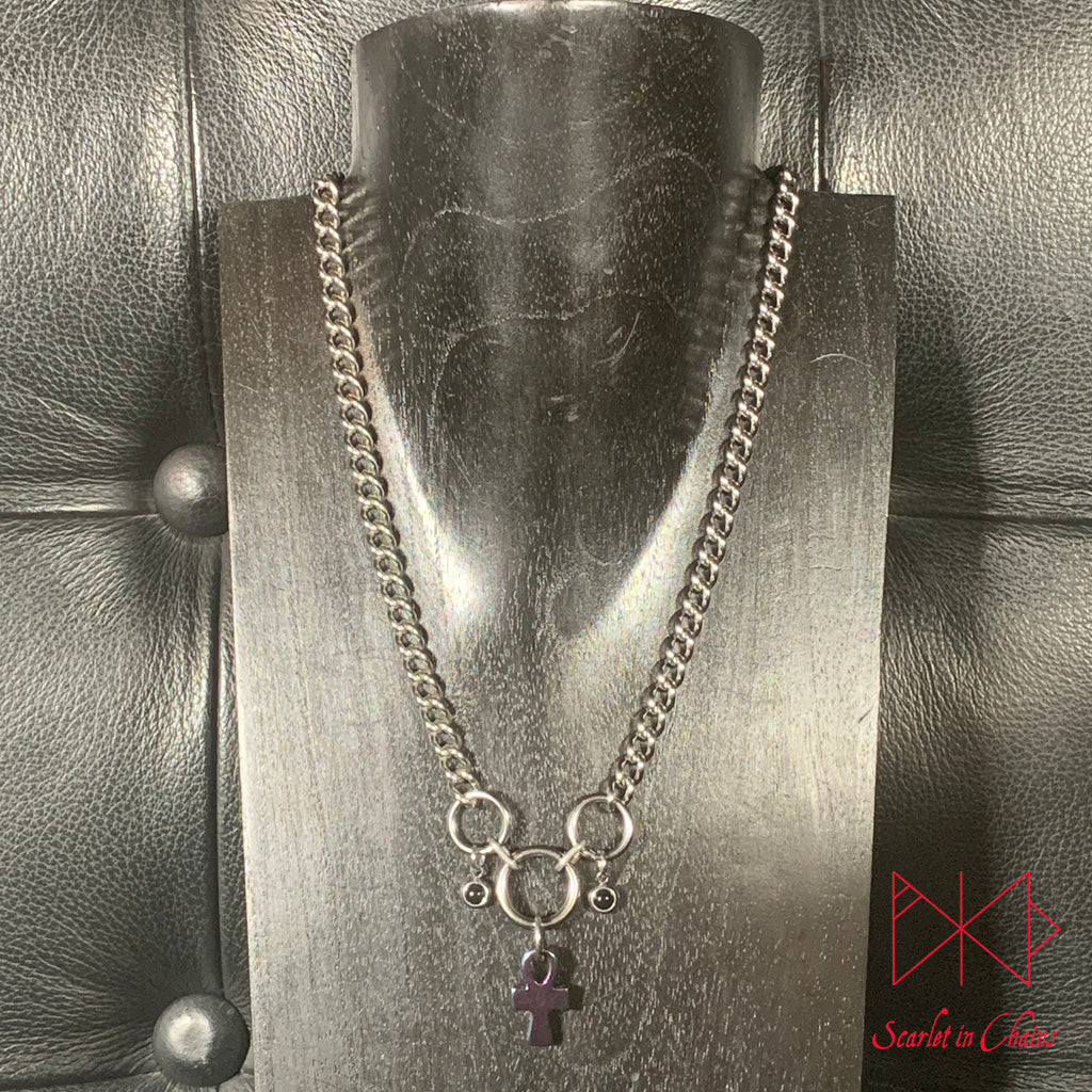 Stainless Steel Rainbow Hematite Ankh and Black Onyx Necklace - Hematite necklace, Ankh necklace, Onyx Necklace - O ring collar - subtle day collar - Goth,  shown on display neck