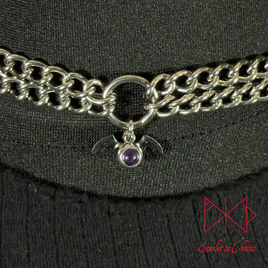Stainless Steel Crystal Vampire Bat Choker - Amethyst choker - O ring collar - subtle collar Shown Close up, goth choker, alternative collar, stainless steel jewellery, goth jewellery, event jewellery. Goth Necklace, Stainless Steel Necklace, Event Necklace, witch jewellery, witch necklace, witchy necklace, witchy jewellery, occult jewellery