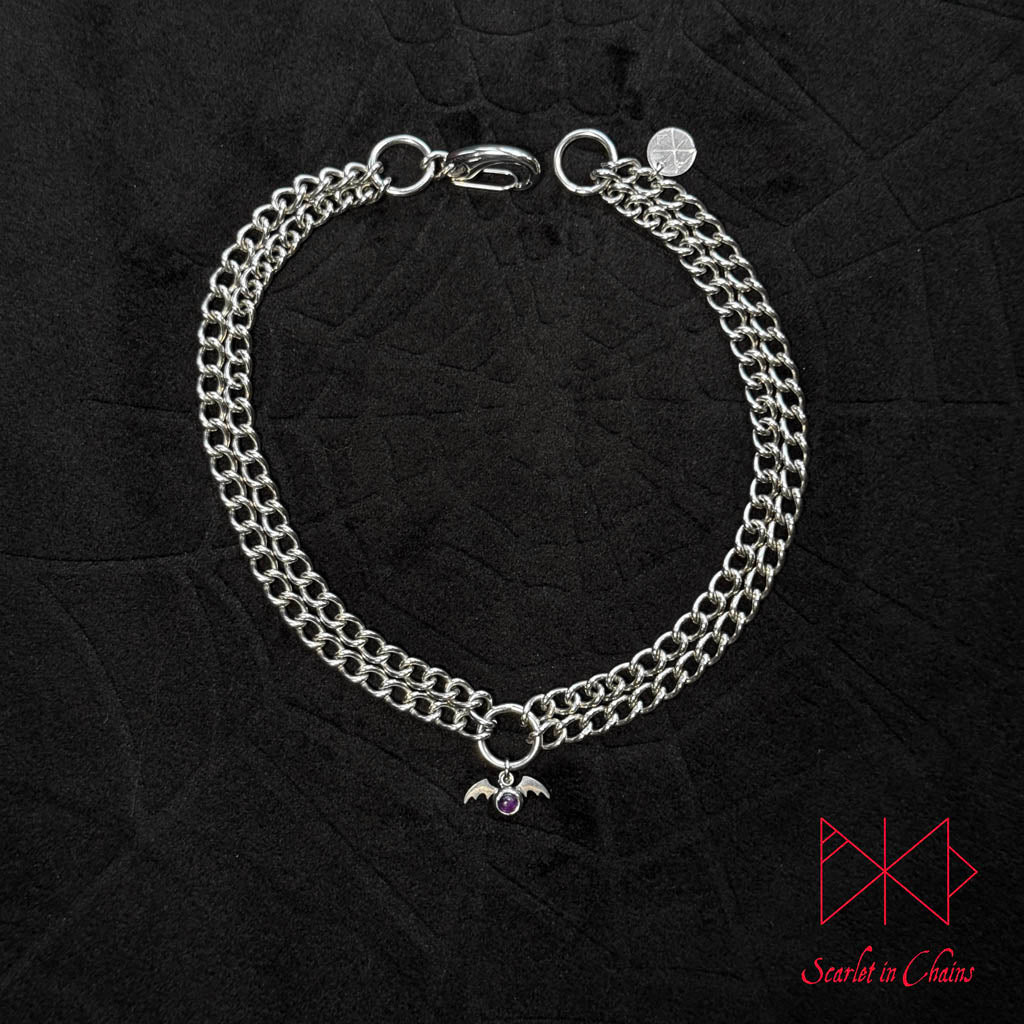 Stainless Steel Crystal Vampire Bat Choker - Amethyst choker - O ring collar - subtle collar Shown Close up, goth choker, alternative collar, stainless steel jewellery, goth jewellery, event jewellery. Goth Necklace, Stainless Steel Necklace, Event Necklace, witch jewellery, witch necklace, witchy necklace, witchy jewellery, occult jewellery