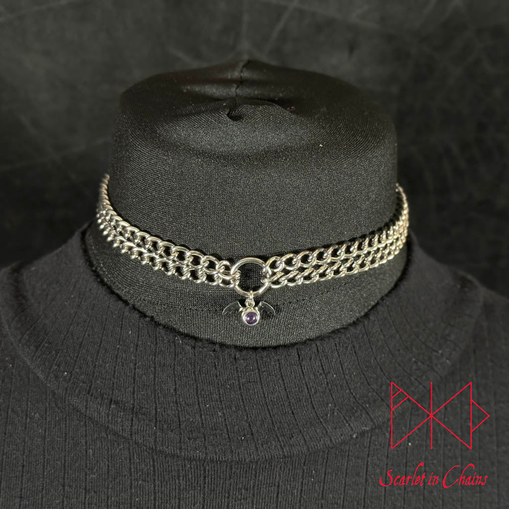 Stainless Steel Crystal Vampire Bat Choker - Amethyst choker - O ring collar - subtle collar Shown Close up, goth choker, alternative collar, stainless steel jewellery, goth jewellery, event jewellery. Goth Necklace, Stainless Steel Necklace, Event Necklace, witch jewellery, witch necklace, witchy necklace, witchy jewellery, occult jewellery
