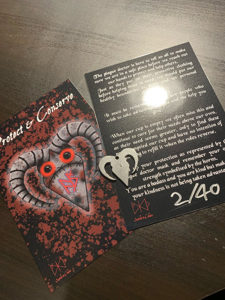 Limited Edition Stainless Steel Plague Doctor necklace art card and stamped charm