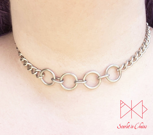 Stainless Steel Line of Fate chain choker with 4 stainless steel O rings shown warn with new links