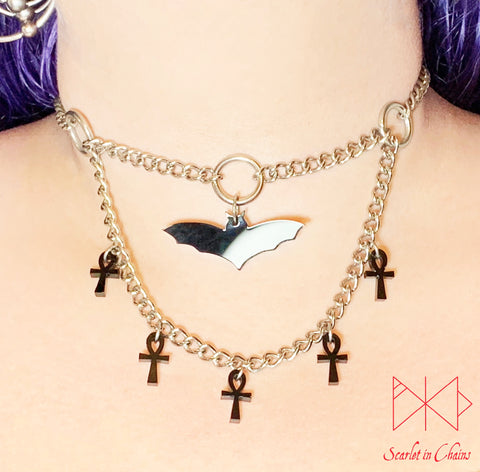 Crypt Mistress Layered choker - Occult choker - Bat necklace - Ankh choker - Witch necklace - Vampire Jewellery - Goth - Bat Choker shown warn