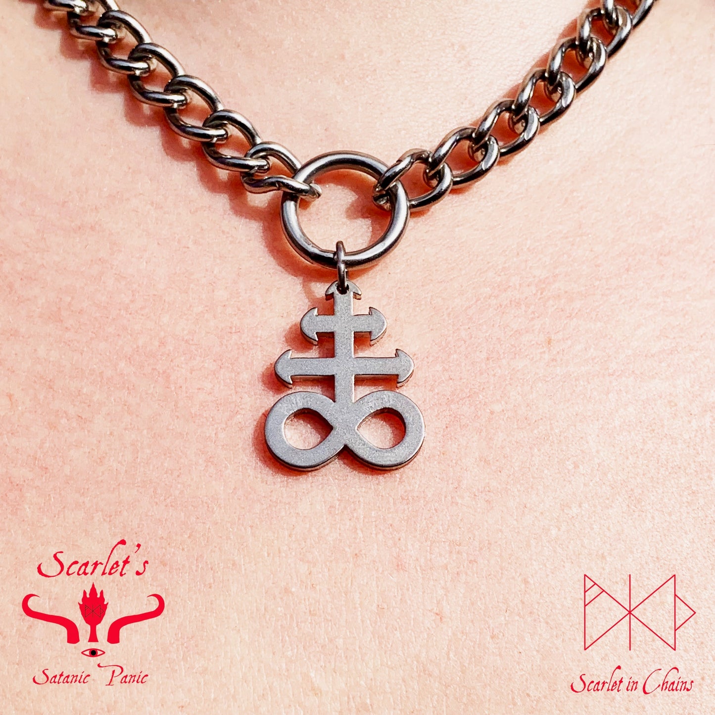 Mini Stainless Steel Luna Leviathan Cross Choker close up