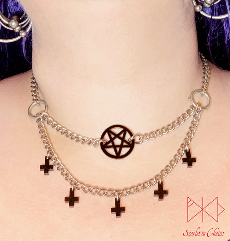 Dark Mistress Layered choker - Occult choker - Inverted cross necklace - Inverted Pentagram choker - Witch necklace - Satanic Jewellery shown warn