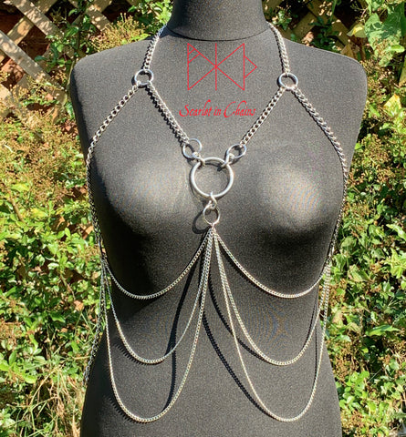 Peachy body harness. Stainless steel chain bra style harness with 3 drops of smaller stainless chain from the bottom rings of the harness front view