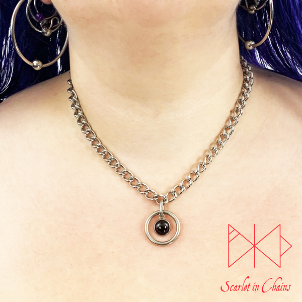 Stainless Steel Mini crystal day collar - Subtle day collar - Garnet necklace - locking collar - Pagan necklace - Goth necklace - O ring Shown Warn