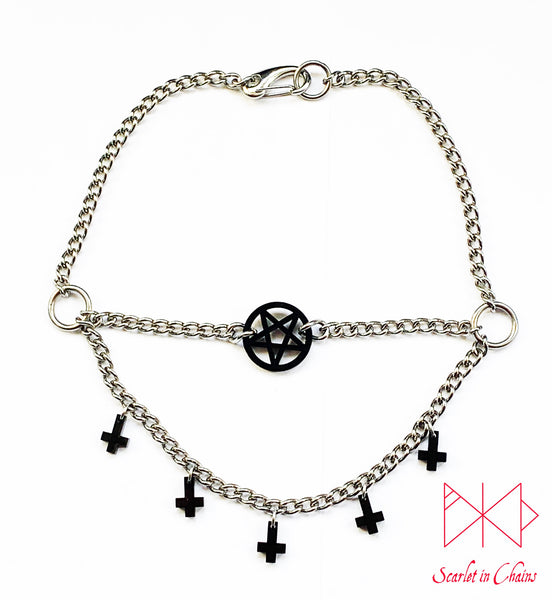 Dark Mistress Layered choker - Occult choker - Inverted cross necklace - Inverted Pentagram choker - Witch necklace - Satanic Jewellery shown flat