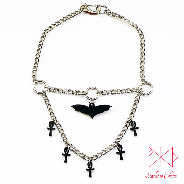 Crypt Mistress Layered choker - Occult choker - Bat necklace - Ankh choker - Witch necklace - Vampire Jewellery - Goth - Bat Choker shown flat