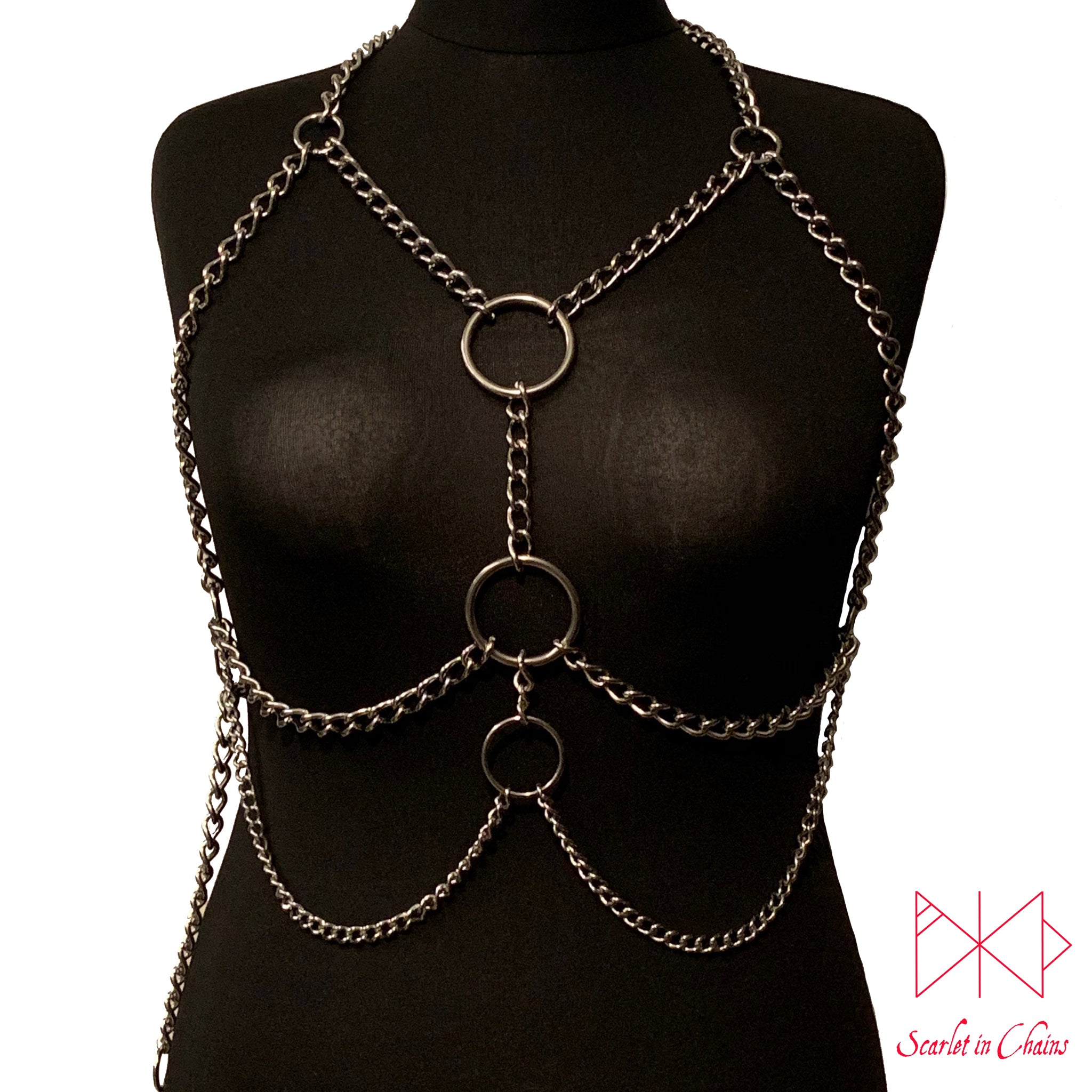 Stainless Steel Artemis body harness made from 304 Stainless Steel with 316 Stainless Steel Rings Shown Front view