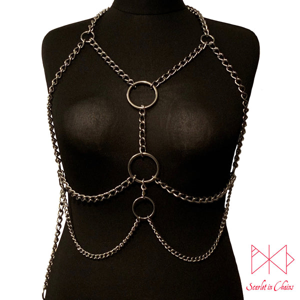 Stainless Steel Artemis body harness made from 304 Stainless Steel with 316 Stainless Steel Rings Shown Front view