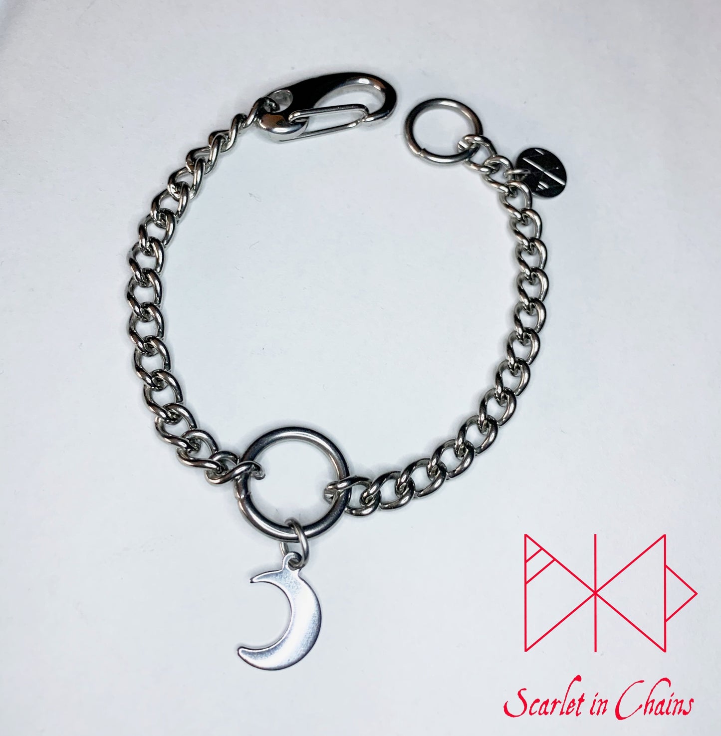 Stainless Steel Micro Moon Cuff - Crescent Moon bracelet - Moon Jewellery - Witch Bracelet - Goth bracelet - occult bracelet - chain cuff shown flat