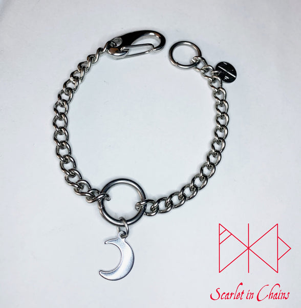 Stainless Steel Micro Moon Cuff - Crescent Moon bracelet - Moon Jewellery - Witch Bracelet - Goth bracelet - occult bracelet - chain cuff shown flat