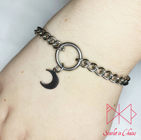 Stainless Steel Micro Moon Cuff - Crescent Moon bracelet - Moon Jewellery - Witch Bracelet - Goth bracelet - occult bracelet - chain cuff shown warn