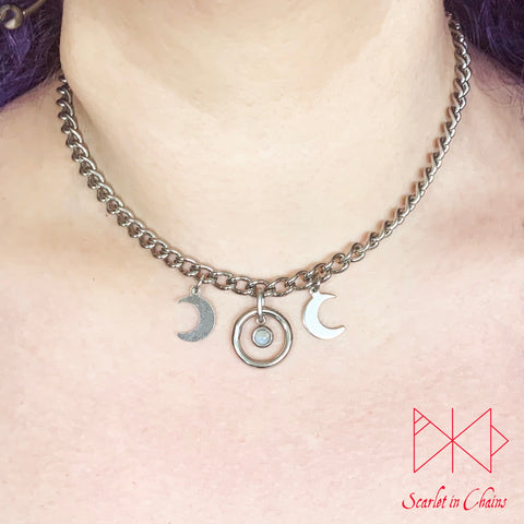 Stainless Steel Crystal Micro Goddess day collar - bdsm day collar - triple goddess necklace - locking day collar - Pagan necklace - Goth shown warn