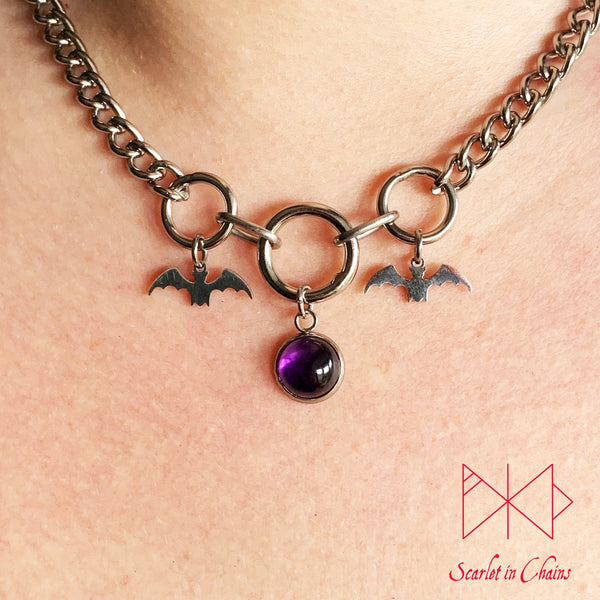 Midnight Bats stainless steel day collar - Goth choker - Bat necklace - Amethyst necklace - vampire necklace - Goth collar - Pastel Goth shown close