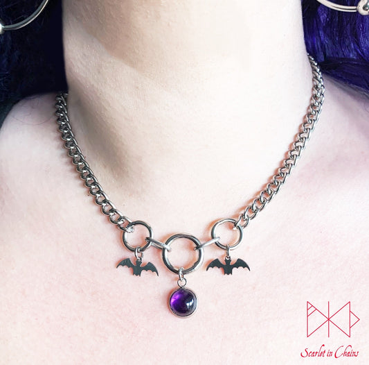 Midnight Bats stainless steel day collar - Goth choker - Bat necklace - Amethyst necklace - vampire necklace - Goth collar - Pastel Goth shown warn