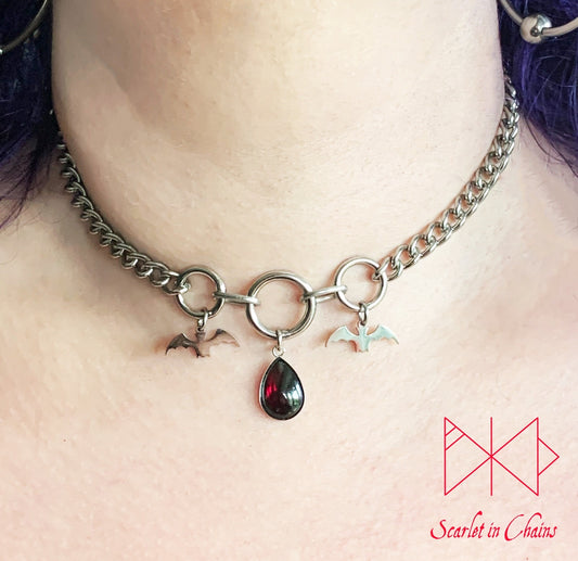 Midnight Vampire stainless steel day collar - Goth choker - Bat necklace - Amethyst necklace - vampire necklace - Goth collar - Bat choker shown warn