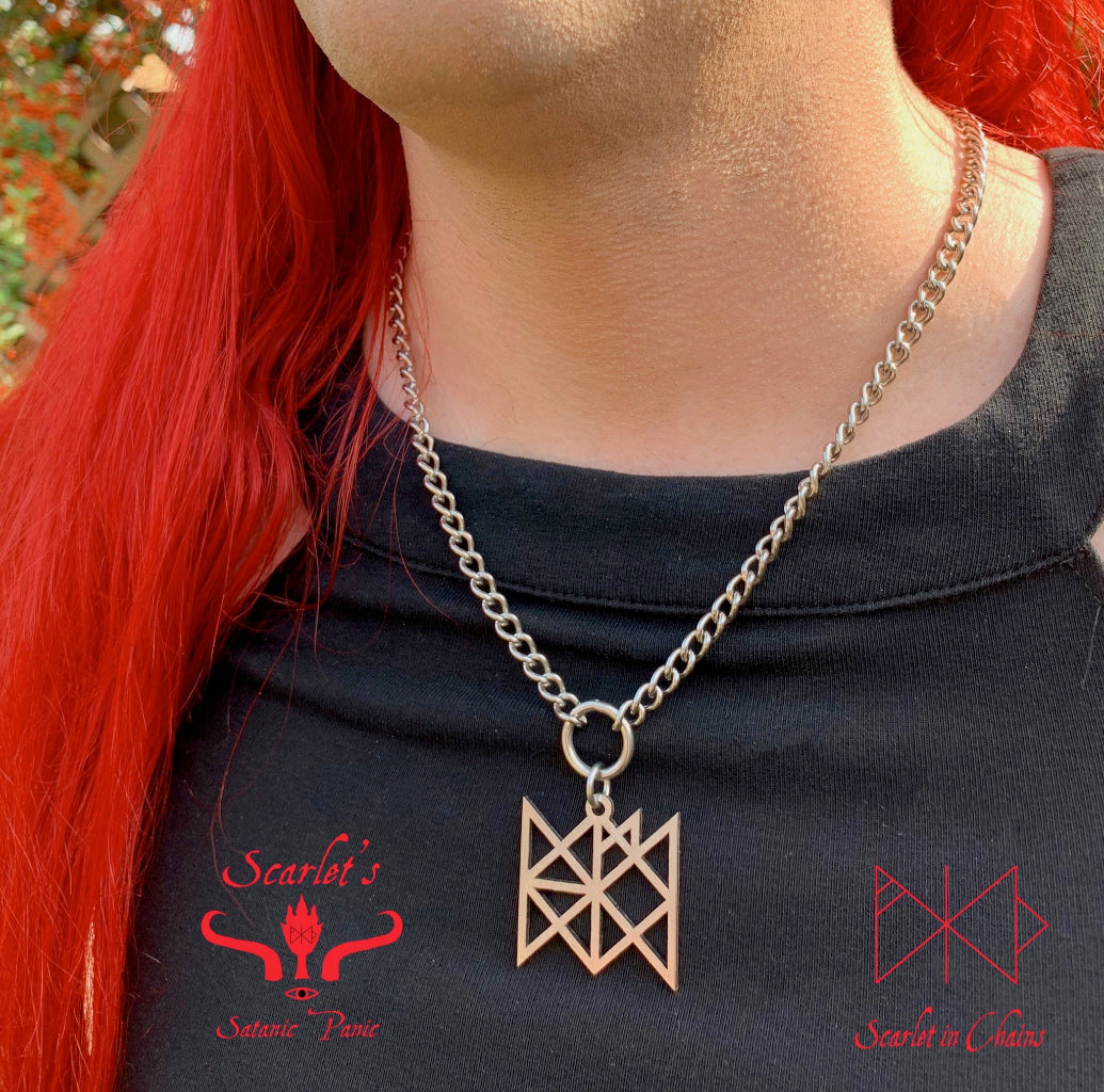 316 Stainless Steel Bind Rune Necklace Laser Cut, Laser Etched and had finished custom made to size shown close, goth choker, alternative collar, stainless steel jewellery, goth jewellery, event jewellery. Goth Necklace, Stainless Steel Necklace, Event Necklace, witch jewellery, witch necklace, witchy necklace, witchy jewellery
