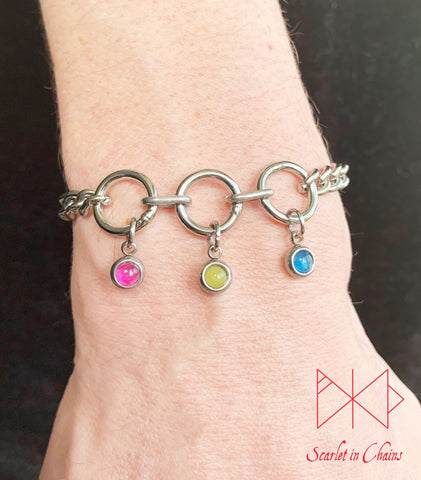 Stainless steel Pride bracelet - Trans pride bracelet - Bisexual jewellery - coming out gift - LGBTQ+ jewellery - Non Binary charm bracelet Shown warn Pan Pansexual