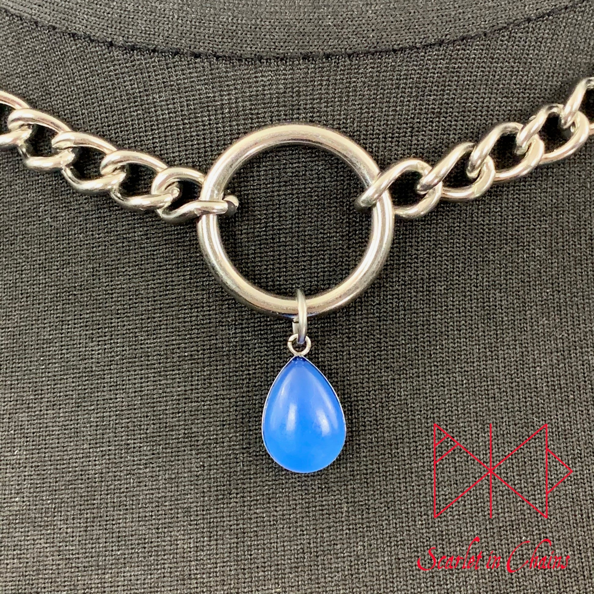 Stainless Steel Crystal Spirit Luna day collar - O ring choker - BDSM day collar - Subtle day collar - Blue Chalcedony necklace - Goth  close up