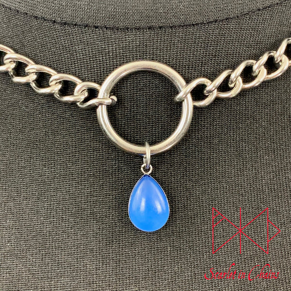 Stainless Steel Crystal Spirit Luna day collar - O ring choker - BDSM day collar - Subtle day collar - Blue Chalcedony necklace - Goth  close up