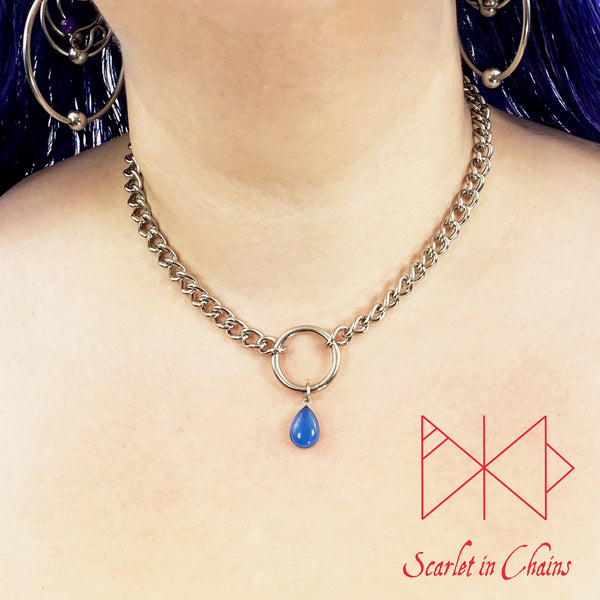 Stainless Steel Crystal Spirit Luna day collar - O ring choker - BDSM day collar - Subtle day collar - Blue Chalcedony necklace - Goth  worn shot