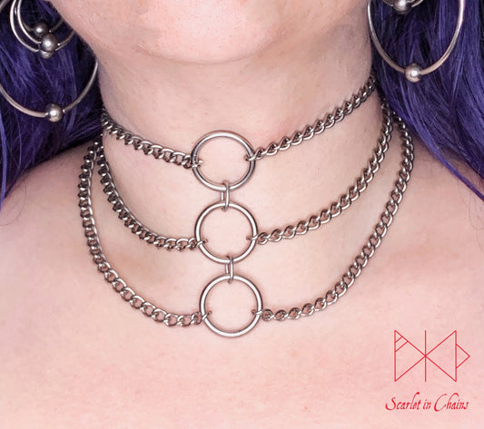 tainless Steel Triple Luna Choker - Bdsm Day Collar - Layered necklace - Goth choker - O ring choker - Grunge choker - Goth Wedding - Punk shown warn