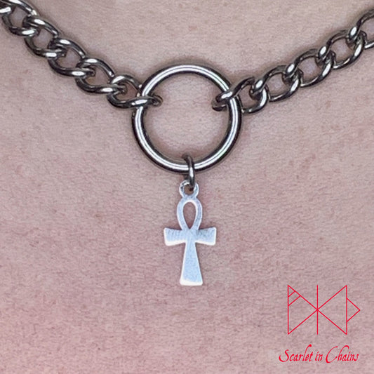 Stainless Steel Ankh charm necklace, day collar, Witch necklace, witchy necklace, Shown close