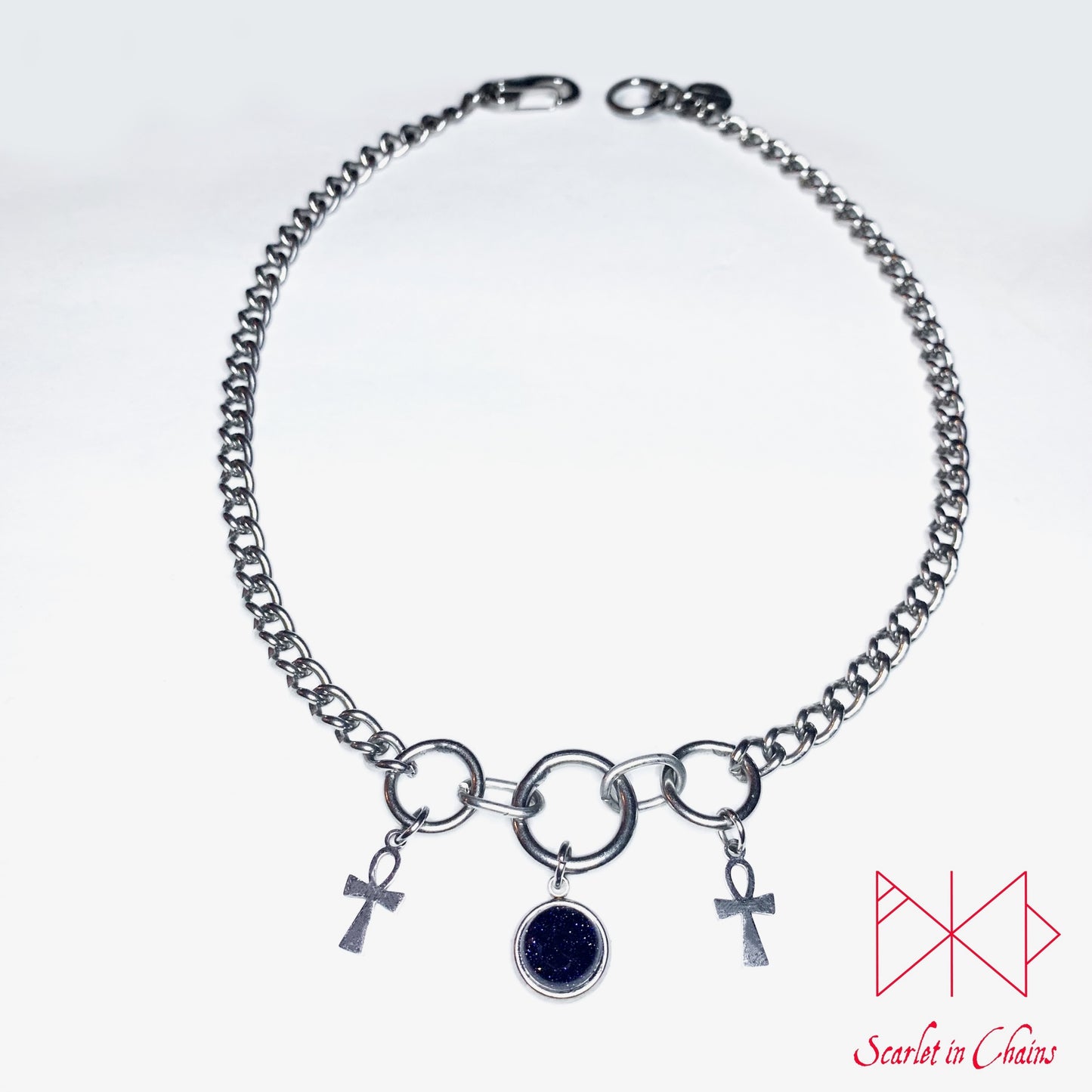 Midnight Ankh stainless steel semiprecious crystal day collar - Goth choker - Witch necklace - Goth collar - Pastel Goth shown flat