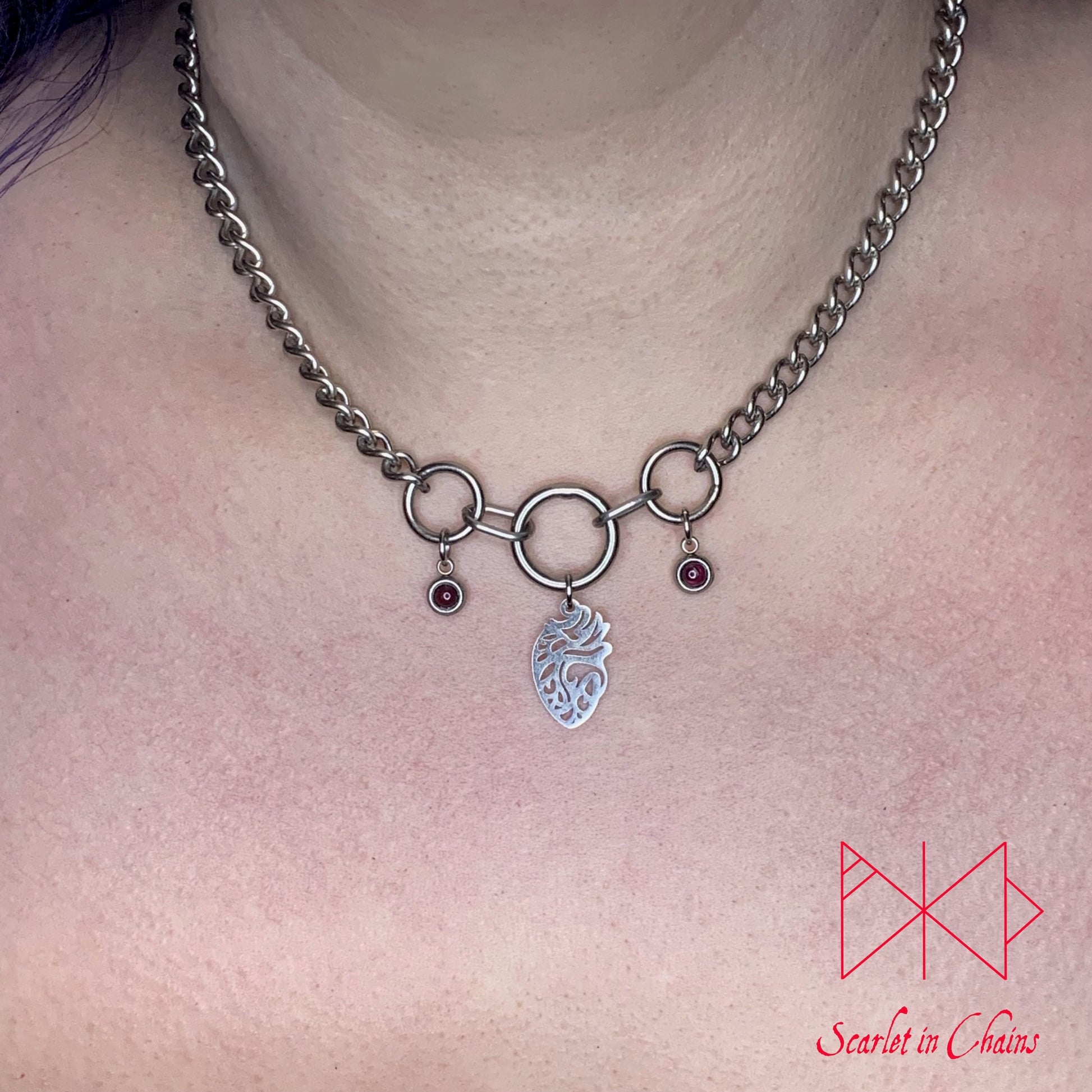 Stainless Steel Crystal Midday Human Heart Anatomical Heart day collar - bdsm day collar - amethyst choker - O ring collar - locking day collar - subtle day collar - Goth shown warn