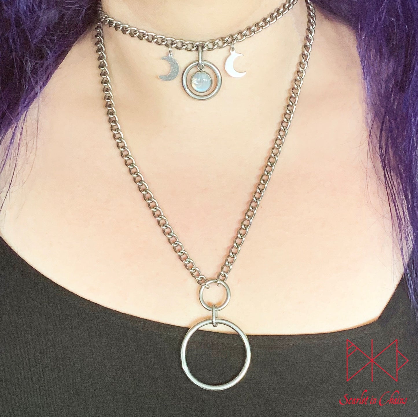 Stainless Steel full circle crystal Goddess double layer necklace - Goddess necklace - Goth necklace - Pagan triple moon goddess - Grunge worn shot