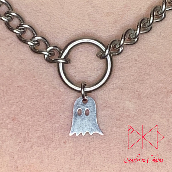 Stainless Steel Ghost charm necklace, day collar, Witch necklace, witchy necklace, Shown close