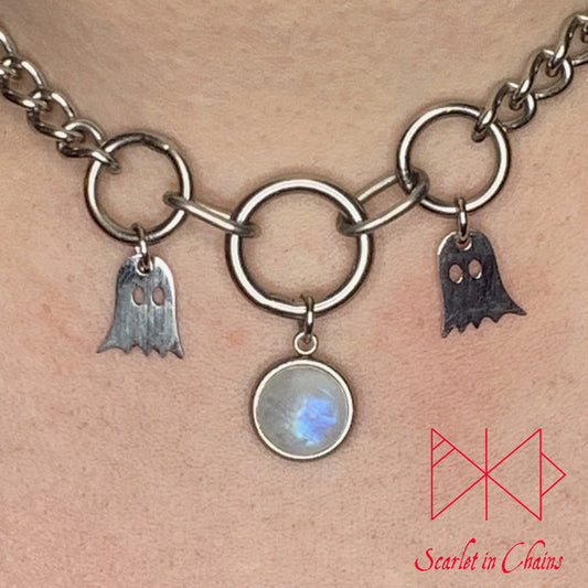 Midnight Ghosts stainless steel semiprecious crystal day collar - Goth choker - Cat necklace - Goth collar - Pastel Goth shown close