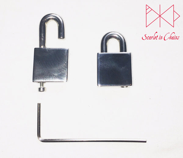 example of stainless steel padlock open with allen key and screw and example of it closed