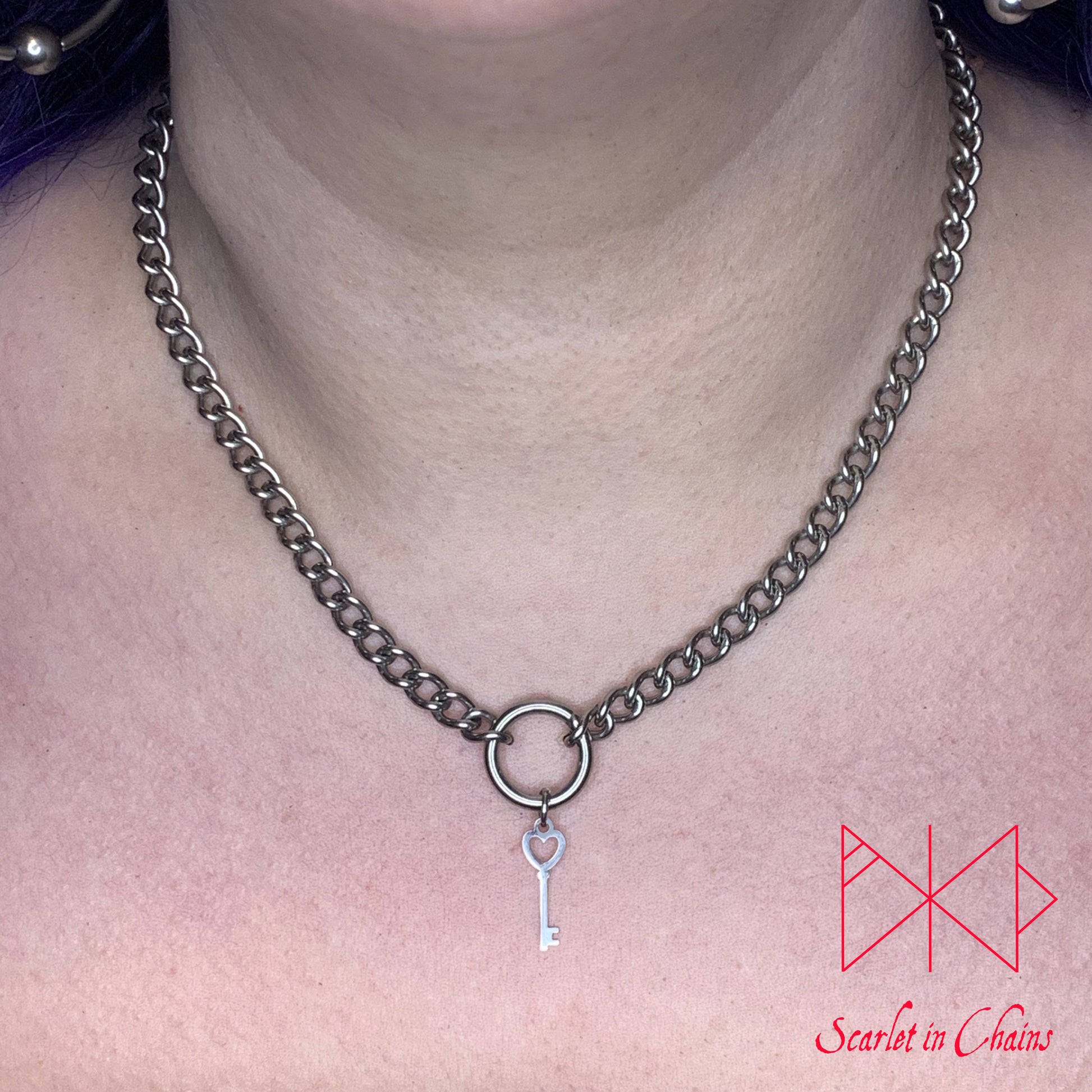 Stainless Steel Ceremonial Key Charm Necklace, Heart Key  Charm Necklace, Mistress Necklace, BDSM Necklace Shown Warn