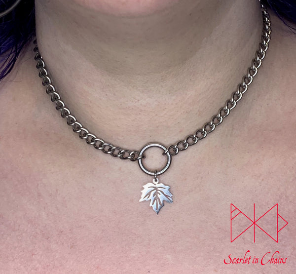 Stainless Steel Leaf charm necklace - Witch Necklace - Bdsm Day collar - O ring choker - O ring collar - Goth Choker - Fetish - Witchy Choker - Day Collar shown warn