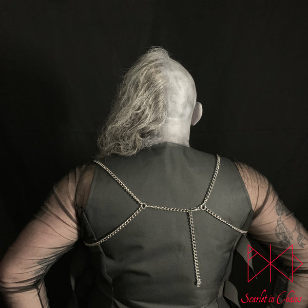 Lucifer Harness Stainless Steel harness made from 2mm 304 grade stainless steel shown warn on Male showing back