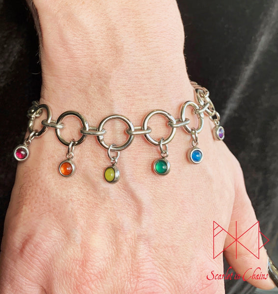 Stainless steel Pride bracelet - Trans pride bracelet - Bisexual jewellery - coming out gift - LGBTQ+ jewellery - Non Binary charm bracelet Shown warn Rainbow Pride